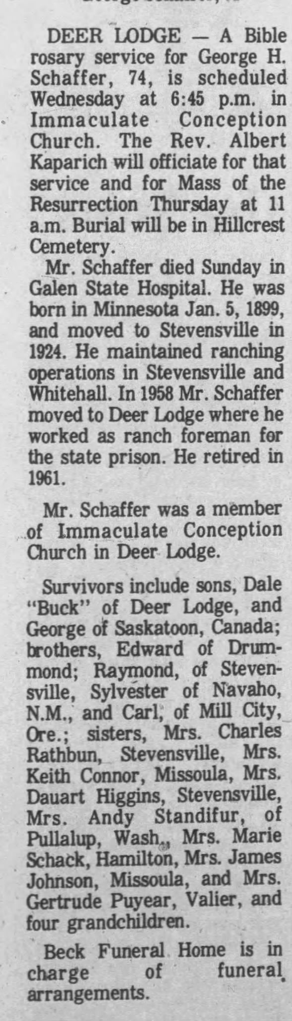 Obituary for George H. Schaffer (Aged 74)
